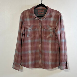 prAna Charley Top Plaid Flannel Shirt Shacket Women’s Medium Pink Gray